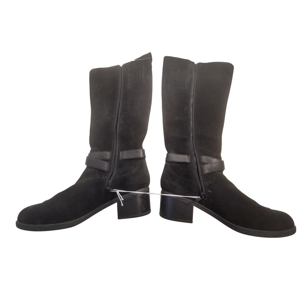 Clarks Black Suede Leather Knee High Boots Buckle Strap Stacked Heel Size 7